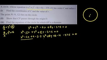 A circle, whose equation is x^2 + y^2 -6x + 8y - 375 = 0, has center C and radius r