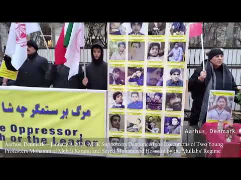 Aarhus, Denmark—Jan 9, 2023: MEK Supporters Denounced the Executions of Two Young Protesters.