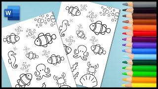 Create a COLOURING PAGE in Word Sea Life Colouring Art
