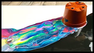 Colour Split Flip and Drag Technique Acrylic Pouring on a Large Canvas using a Plant Pot