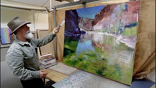 PAINTING WATER and REFLECTIONS / An Arid Outback - Tranquil Rocky Gorge / Palette Knife - Oil Paint!