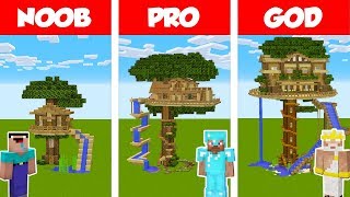 Minecraft Noob Vs Pro Vs God: Tree House With Water Slide Build Challenge In Minecraft / Animation