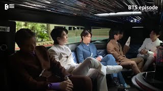 BTS inside limousine on their way to GRAMMYS 2022