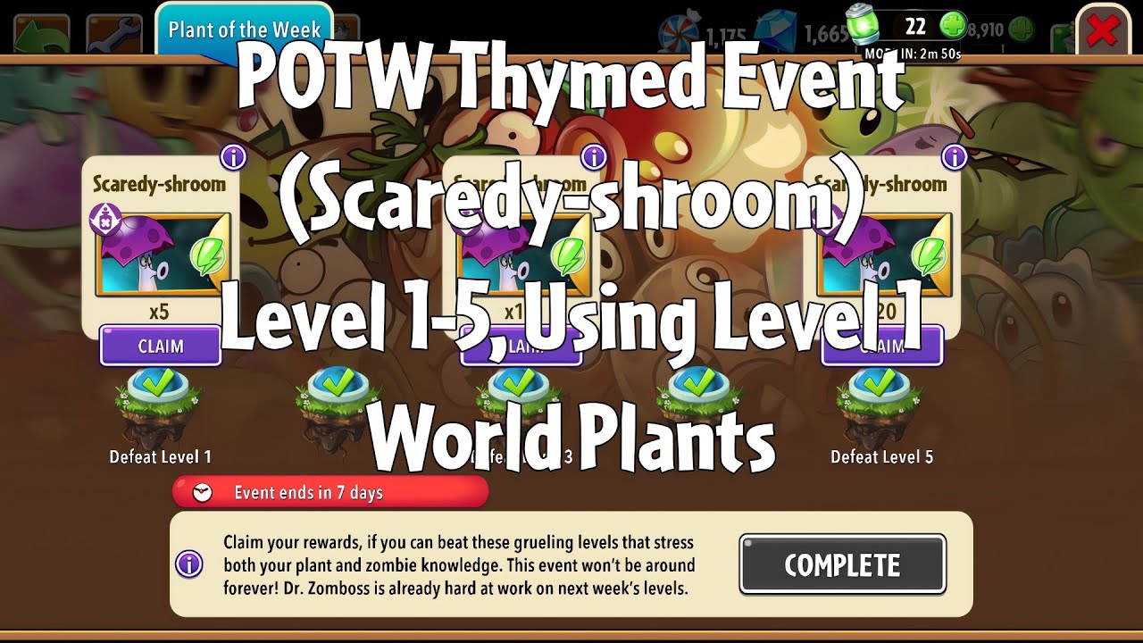PvZ2 POTW Thymed Event (Scaredy-shroom), Level 1-5, Using Level 1 World Plants - Gameplay