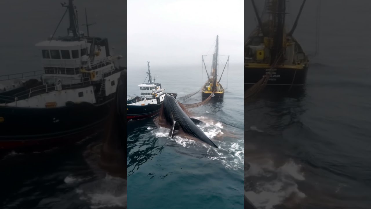 Giant Whale Captured By Fishing Vessel Whaling Operation Marine Ecology In Net