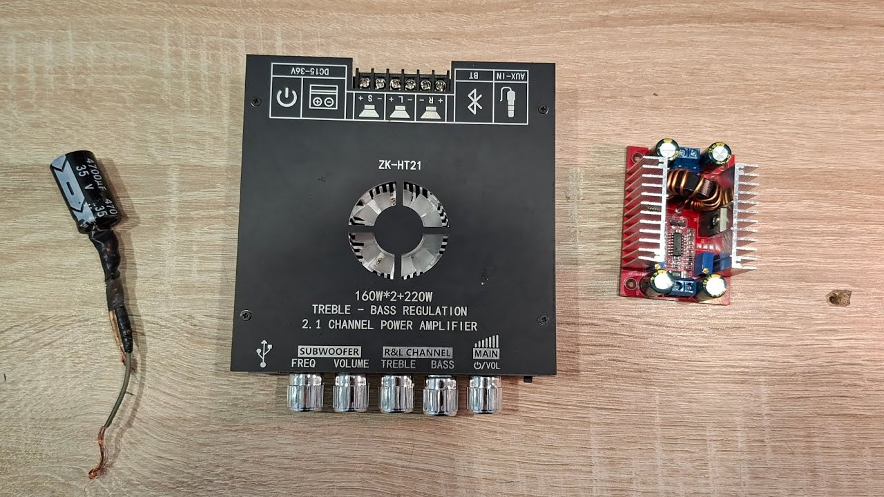 ДОРАБОТКА ZK-HT21 УСИЛИТЕЛЯ ЗВУКА ДОМА 2 КАНАЛА ПО 160 ВАТТ И 220 ВАТ ПОВЫШАЮЩИЙ МОДУЛЬ И КОНДЕЦАТОР