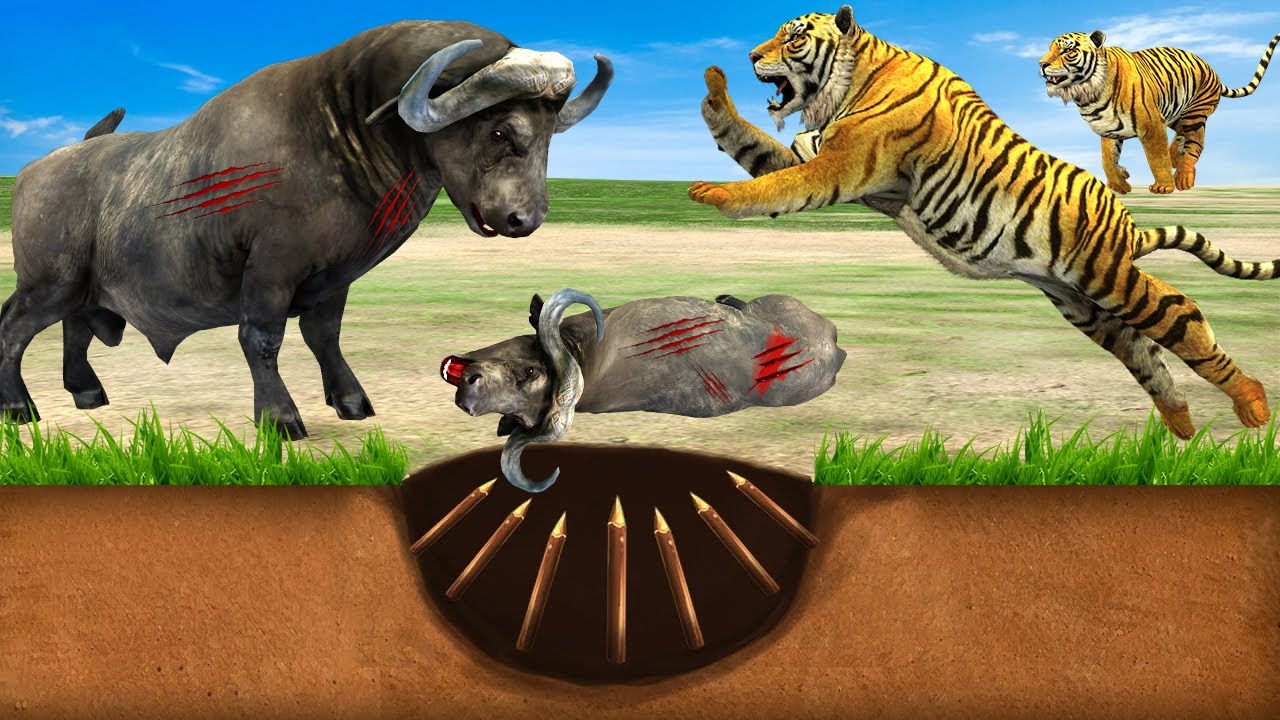 Tiger vs Buffalo Fight Giant Tiger Trap Cow Cartoon Saved By Woolly Mammoth Wild Animal Fight