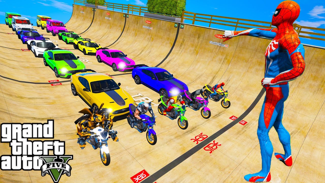 Desafio Skateboard Salto épico Ramp com Heróis! Crazy Сhallenge on Muscle Cars, Suvs and Bikes GTA 5