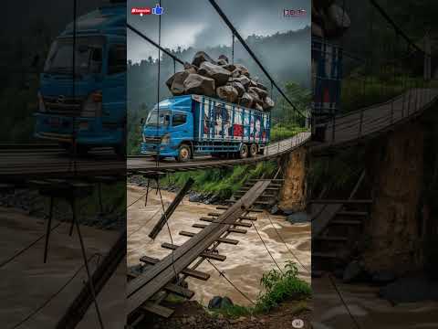 Unbelievable Heavy Stone Truck Crosses A Suspension Bridge 