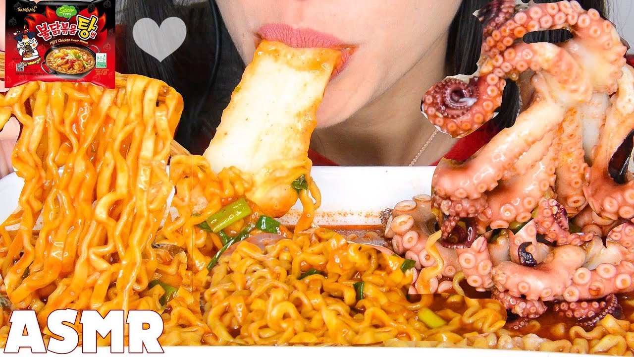 ASMR KIRI MOCHI & OCTOPUS SPICY FIRE NOODLES STEW TYPE EATING SOUNDS