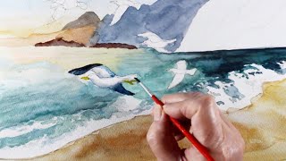 お値下げ！水彩画 優しい色の癒されるカモ　B5 水彩画 watercolor 「海と群れ飛ぶカモメ」Sea and flock of seagulls