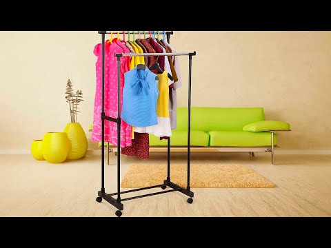 Стійка для одягу подвійна на колесах телескопічна підлогова Double Pole, видео 1