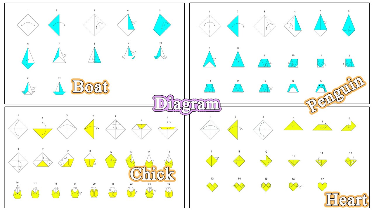 Origami Boat-Penguin-Chick-Heart diagrams 