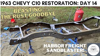 Sandblasting The Frame Part 2 1963 Chevy C10 Restoration Day 14 (Harbor Freight 110Lb Sandblaster)
