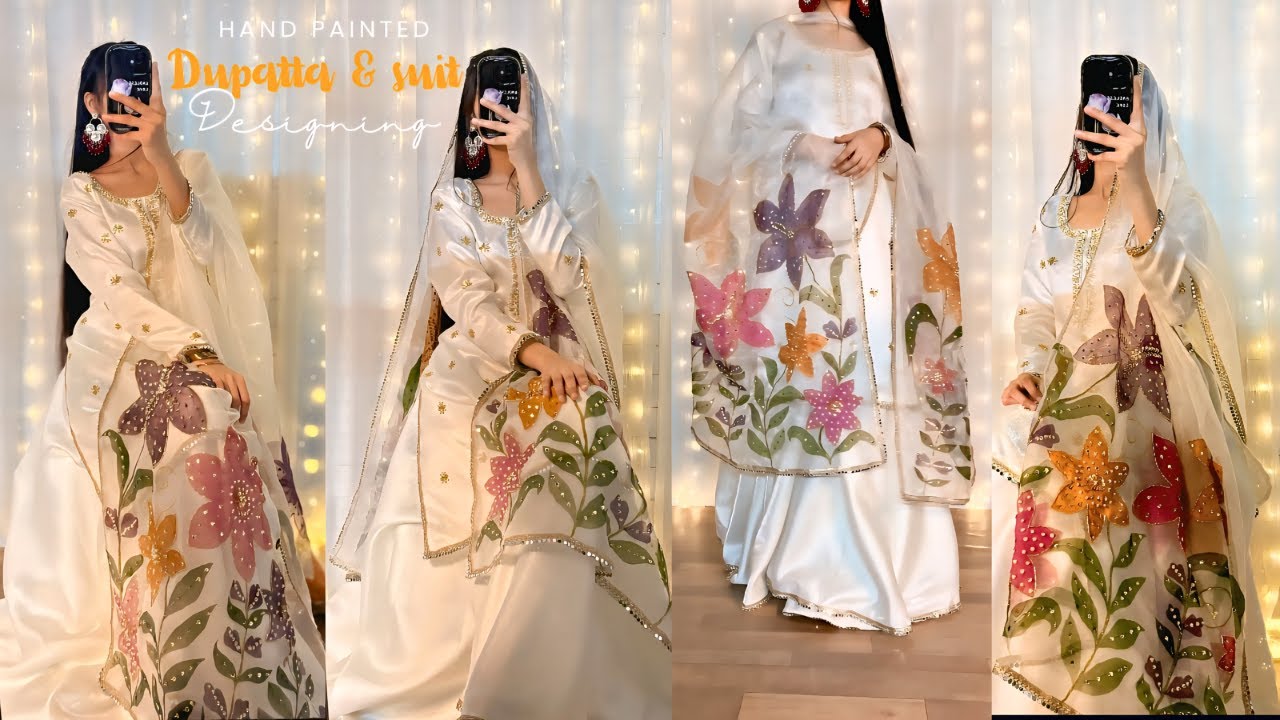 Hand Painted Dupatta with✨Hand Embroidery work Kurti cutting and stitching/Party wear suit designing