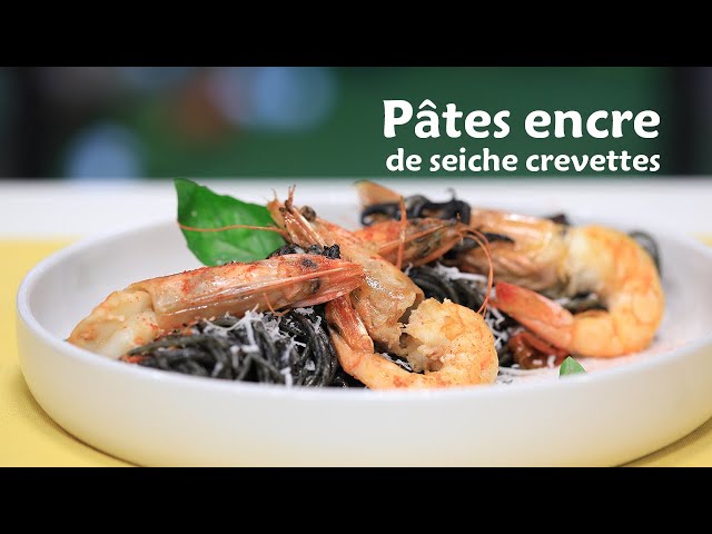 Recette Spaghettis à l'encre de seiche, crevettes et encornet et