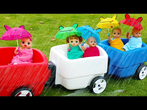 Rain Rain Go Away Song with Baby Dolls and Ride on Wagon