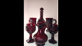 AVON 1970's Cape Cod Ruby Red 7pc Decanter Set w Cruet