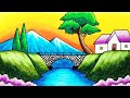 How to Draw Easy Scenery of Mountain, Bridge and River Step by Step | Simple Nature Scenery Drawing