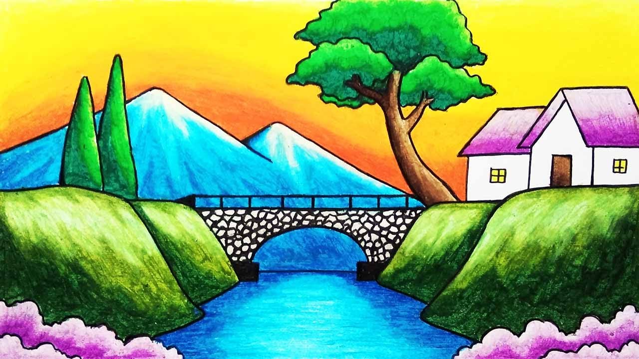 How to Draw Easy Scenery of Mountain, Bridge and River Step by Step