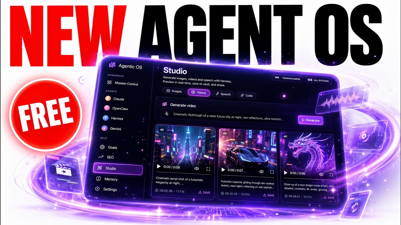 AI Agent Operating System dashboard showing voice, video, goals and memory components