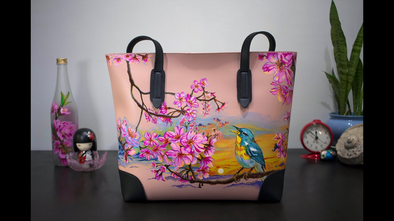 Cherry Blossoms Sunset Hand painted on Leather Bag | Time lapse Process | Custom Painted Bag