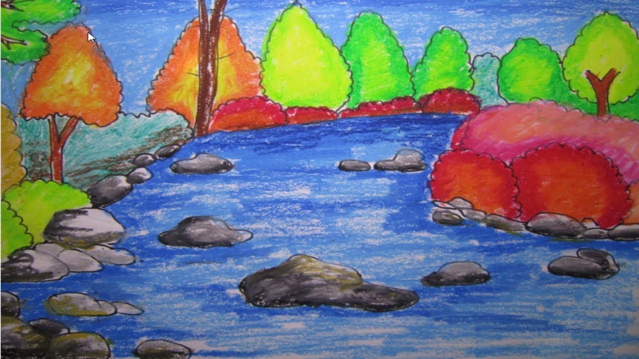 vẽ tranh phong cảnh rừng cây và suối nước - YouTube