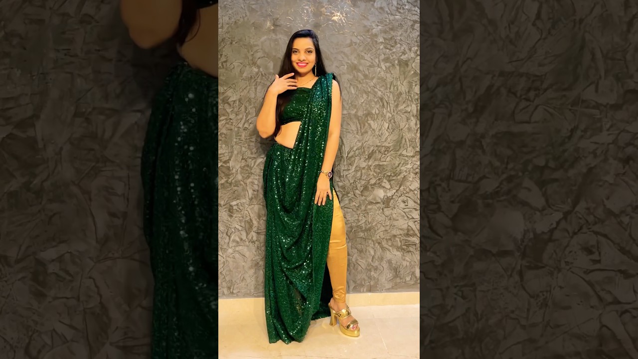 Saree as a High slit gown/ Saree gown/ saree on pants / sequin saree drape 