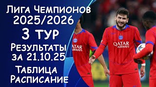 Лига Чемпионов 3 тур. Результат матчей за 21.10.25. Таблица.  Расписание на 22 октября