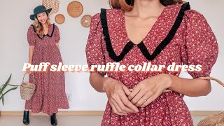 DIY Puff sleeve ruffle collar dress with ruffle hem  Step by step sewing tutorial