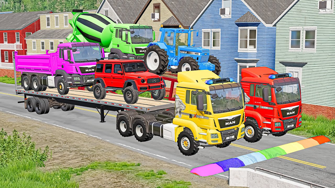 TRANSPORTING PIXAR CARS & FRUITS WITH COLORED & JOHN DEERE vs CLAAS vs TRACTORS - BeamNG.drive #962
