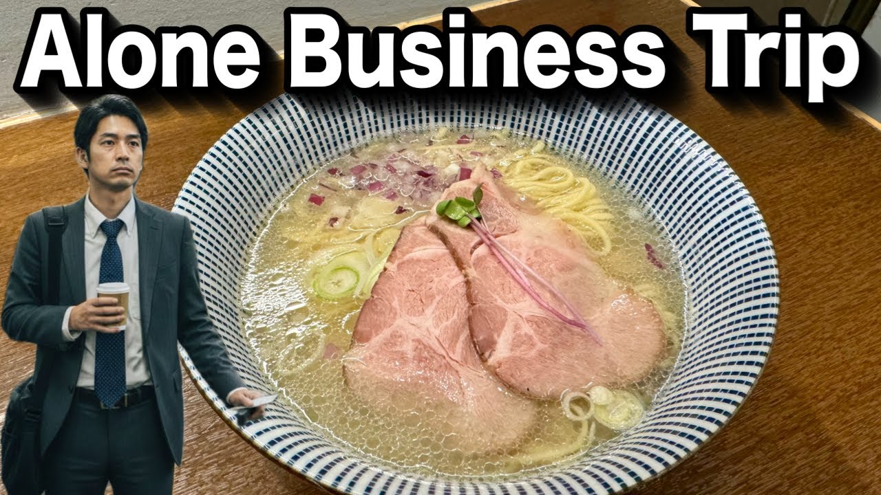 A Japanese salaryman enjoying ramen on a business trip to Kyoto.