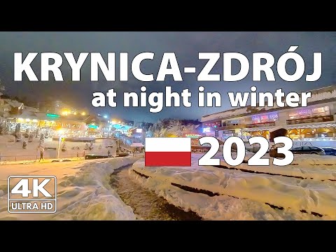Krynica-Zdrój at night, Poland Walking Tour ⛄ (4k Ultra HD)