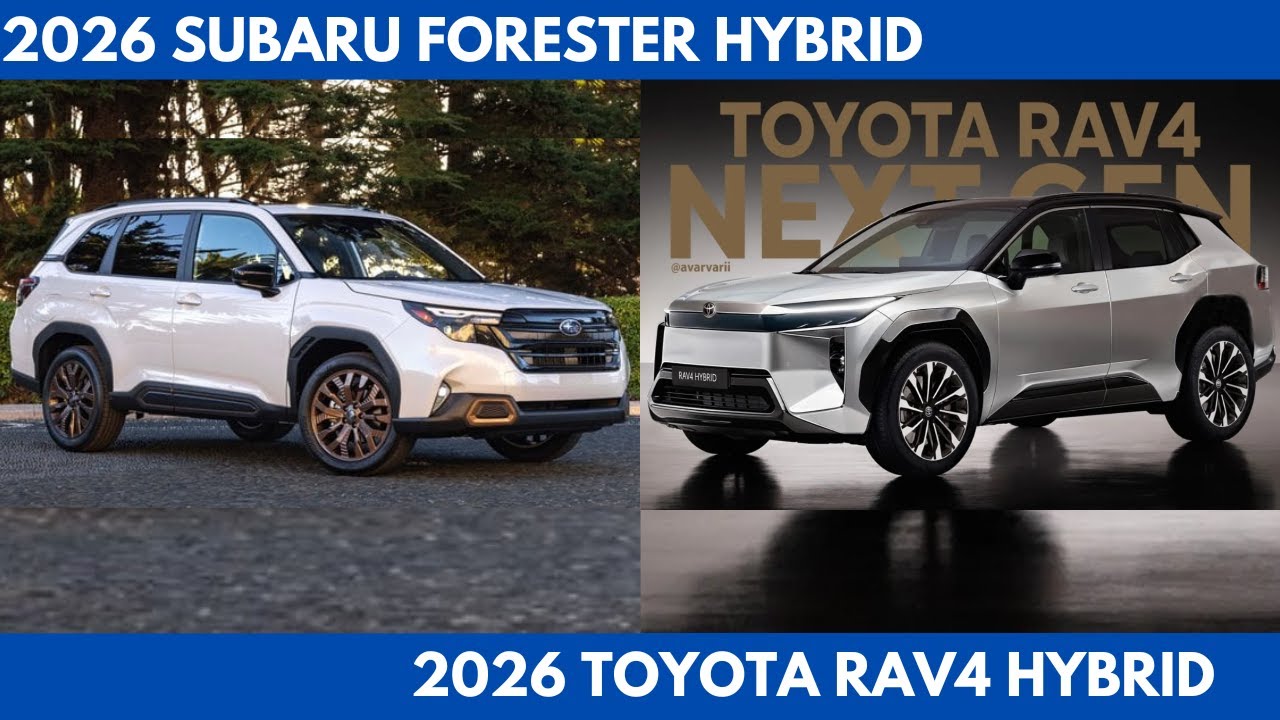 2026 Subaru Forester Hybrid and 2026 Toyota RAV4 Hybrid parked side by side in a rugged outdoor setting