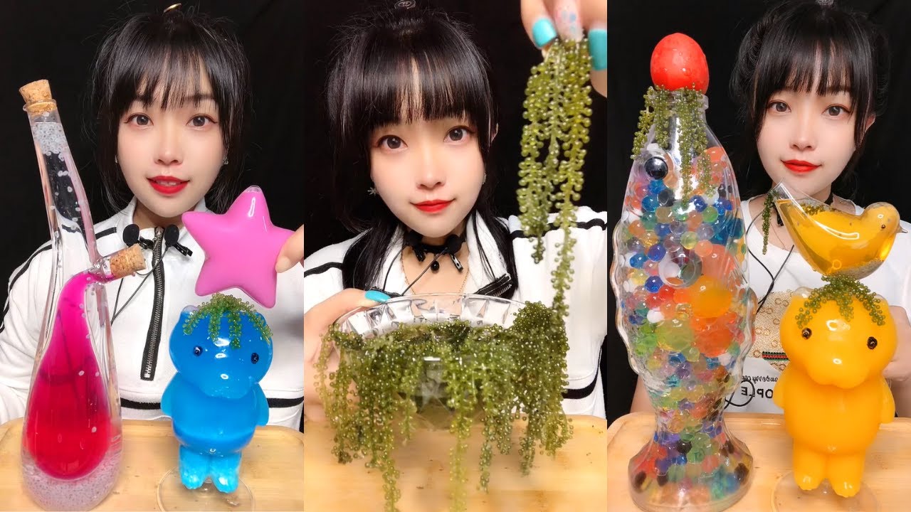 ASMR Mysterious Water Eating DRINKING SOUNDS 신기한 물 먹방 Sea grapes, Colorful drinks, Fish glasses