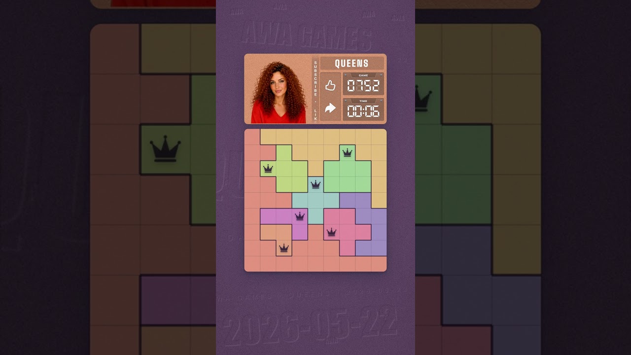 LinkedIn Queens #752 solved board for May 22, 2026, 9x9 grid