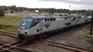 2 Amtrak Trains, caboose first CSX train, Plant City Fla. train viewing platform