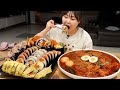 직접만든 모듬 김밥과 쫄면볶이 먹방 : 참치김밥, 계란김밥, 새우튀김 김밥 : Kimbap &amp; Jjolmyeom Mukbang