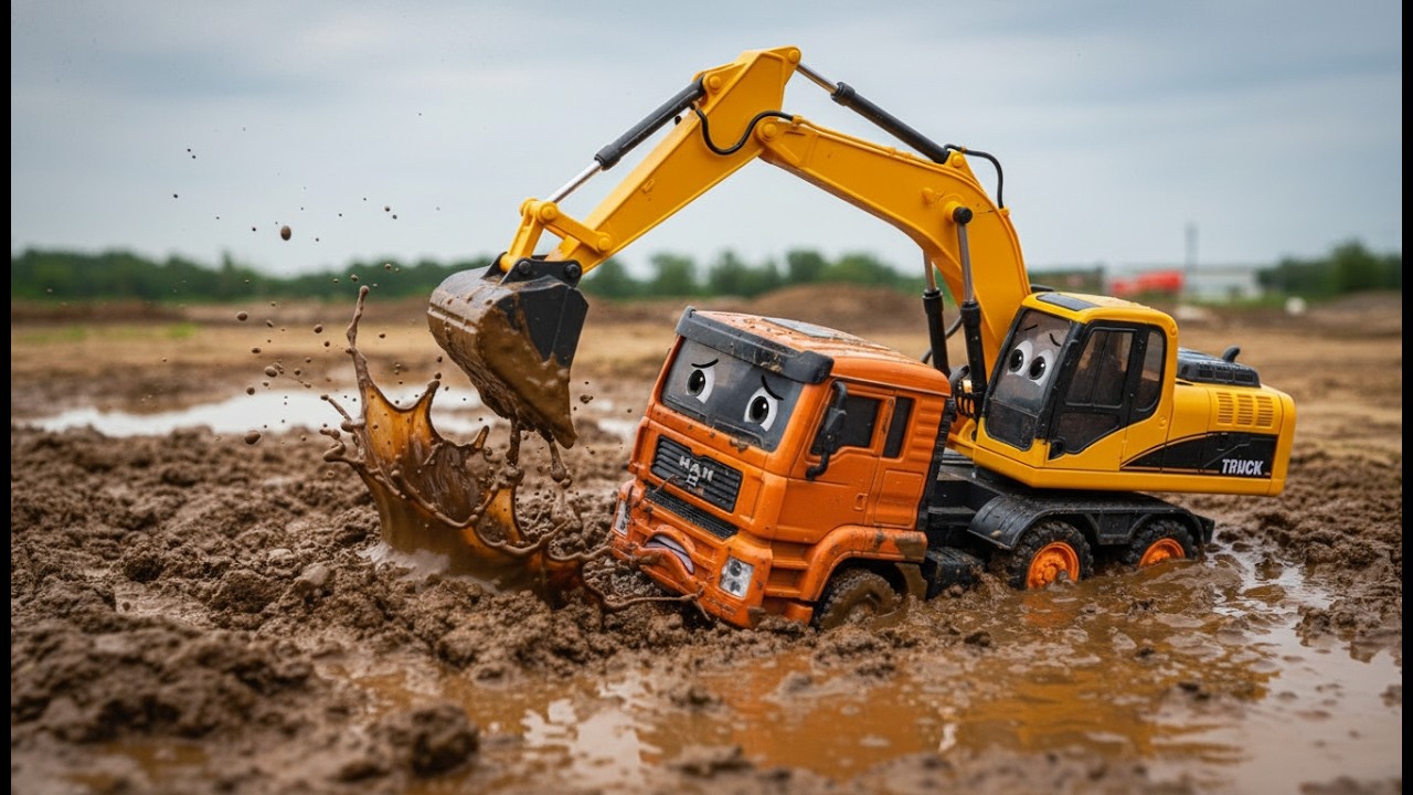 Dump Truck Stuck in Mud! Heroic Excavator , Car for Kids to the Rescue
