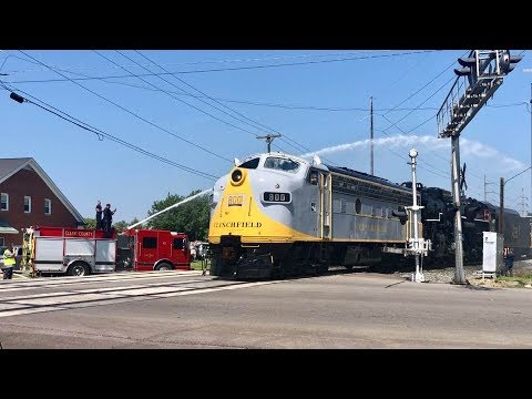 fire-truck-gives-steam-train-a-moving-car-wash!-c&o-2716-on-the-move!