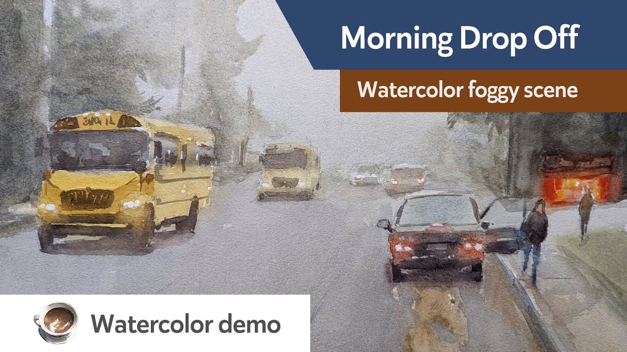 Watercolor foggy scene - Morning drop off