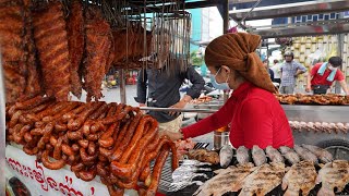 Amazing Site Selling Various Street Food  Grill Fish With Salt, Roasted Pork Ribs & More Meat