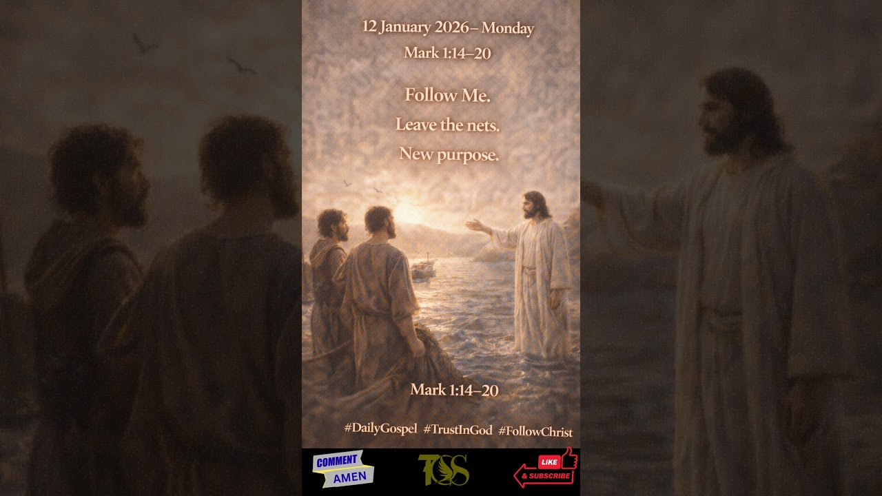 Иисус зовет рыбаков на берегу в мягком утреннем свете. 📖 Марк 
