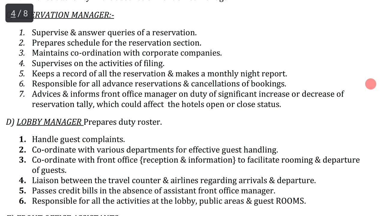 Duties And Responsibilities Of Lobby Reception Manager In Hotel