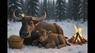 The mum buffalo and her calf lie cold in the snow. #animals #aigenerated  #buffalo #cute #baby #kid