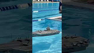 Tiny aircraft carrier launching jets in a public swimming pool. #rcboat #aircraftcarrier #shorts