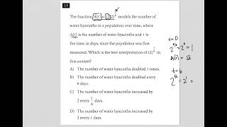 The function A(t) = 12(2)^t/6 models the number of water hyacinths in a population over time,....