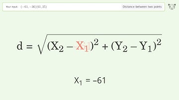 Find the distance between two points p1 (-61,-36) and p2 (61,25): Step-by-Step Video Solution