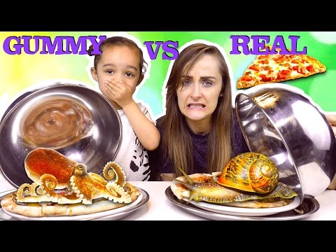 GUMMY VS REAL PIZZA CHALLENGE - SUPER GROSS REAL SNAILS AND OCTOPUS - KID VS PARENT