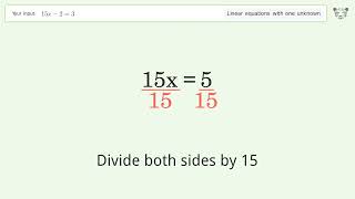 Linear equation with one unknown: Solve 15x-2=3 step-by-step solution